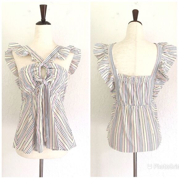 ELLA MOSS Striped Babydoll Top Square Neckline Flutter Sleeve Medium Large New - Picture 7 of 16